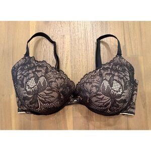 Victoria's Secret Black Floral Lace Plunge Bra Beige Lining Underwire 38DD